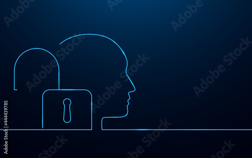 Opening mind. Unlock your brain. Human head with unlock icon in simple blue lines design. Vector illustration photo
