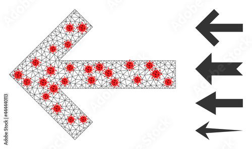Network arrow left with lockdown style. Mesh carcass arrow left image in lowpoly style with combined linear items and red virus nodes. Vector structure is created from arrow left with virus items.