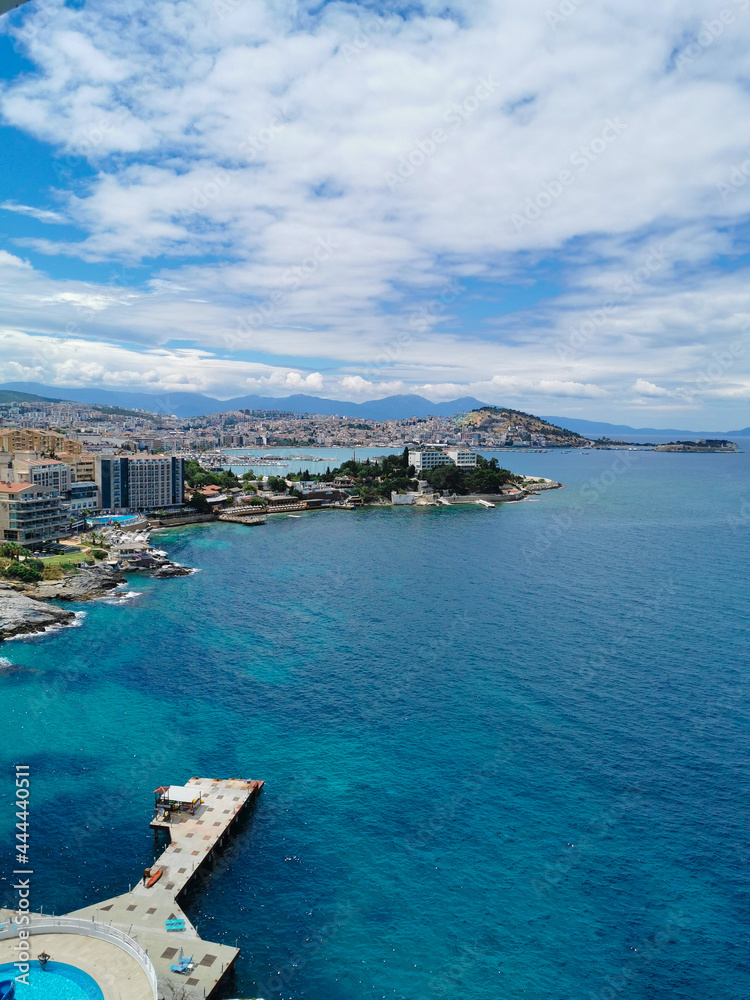 Beautiful panorama of the resort town and the Aegean Sea. Kusadasi, Turkey.