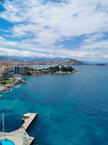 Beautiful panorama of the resort town and the Aegean Sea. Kusadasi, Turkey.