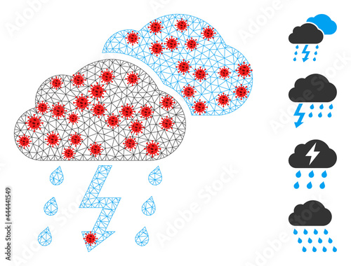 Network thunderstorm with lockdown style. Polygonal carcass thunderstorm image in low poly style with organized linear items and red coronavirus items.