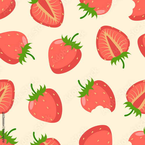 Fototapeta Naklejka Na Ścianę i Meble -  Strawberry seamless pattern on a beige background. For textiles, home decor, baby clothes, printing, digital paper. Vector illustration.