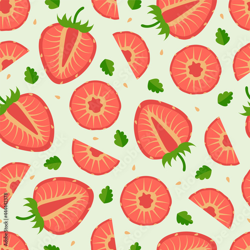 Strawberry seamless pattern with cut summer berries on a light green background. Good for textiles, home decor, baby clothes, printing, digital paper.