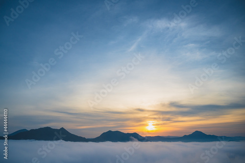 Beautiful sunrise with sea of fog in the early moring at phu thok chiang khan district leoi city thailand.Chiang Khan is an old town and a very popular destination for Thai tourists