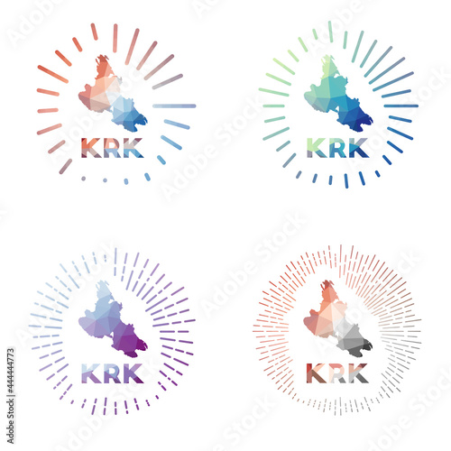Krk low poly sunburst set. Logo of the island in a geometric polygonal style. Vector illustration.