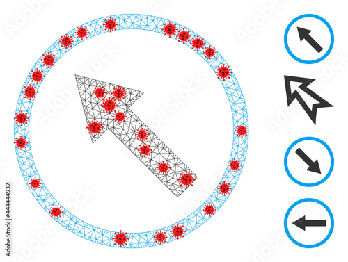 Net up-left rounded arrow with lockdown style. Mesh wireframe up-left rounded arrow image in lowpoly style with structured linear items and red virus items.