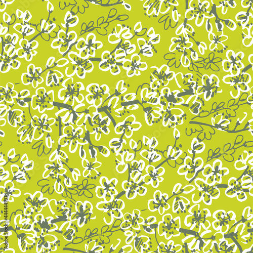 Spring blossom sketch seamless pattern in green