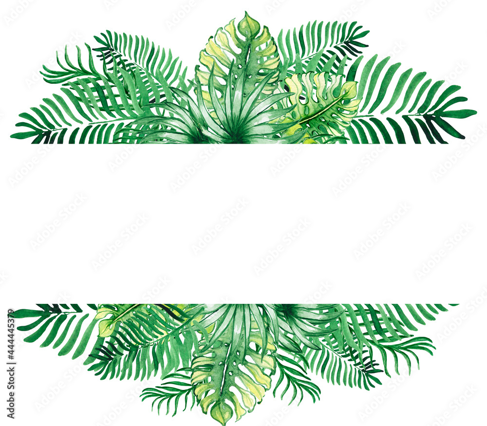 Obraz premium Watercolor gold frames made of tropical, palm leaves. Tropical decor . Postcard wedding design. green summer leaves. Monstera, palms ,leaves.