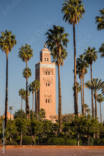 One of the most famous mosques in Marrakech, Morocco, Koutoubia, and the Lalla Hasna Park, ahead full of palm trees. Marrakesh,