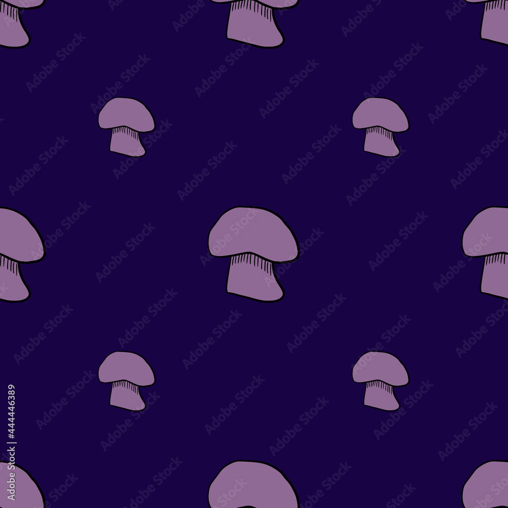 Decorative seamless pattern with minimalistic purple champignon print. Navy blue background.