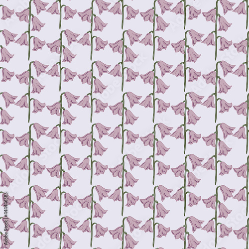 Abstract natural creative seamless pattern with pale tones purple bell flowers shapes. Pastel blue background.