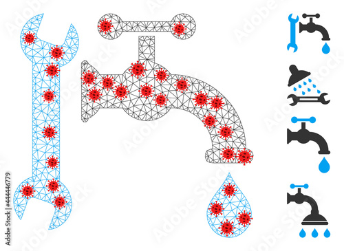 Polygonal plumbing with lockdown style. Polygonal wireframe plumbing image in lowpoly style with connected linear items and red covid items. Vector model is created from plumbing with covid nodes.