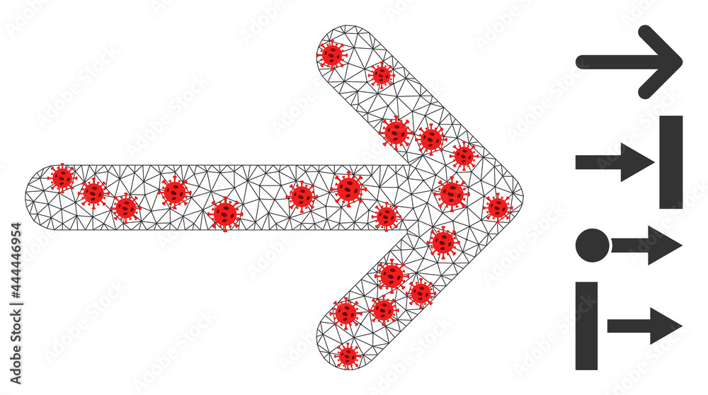 Network arrow right in lockdown style. Mesh carcass arrow right image in lowpoly style with connected linear items and red covid nodes.