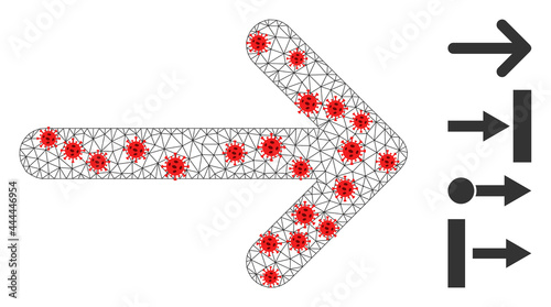 Network arrow right in lockdown style. Mesh carcass arrow right image in lowpoly style with connected linear items and red covid nodes.