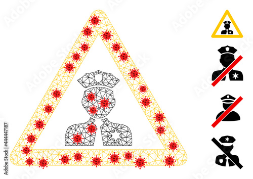 Polygonal policeman warning with infection style. Polygonal wireframe policeman warning image in lowpoly style with organized linear items and red covid elements.