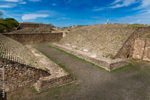 View of the ballgame court at the Monte Albán pyramid complex in Oaxaca, Mexico photo
