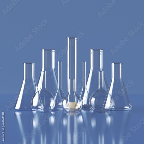 Glass products. Realistic glass chemical containers with liquid, measuring medical equipment. 3d illustration