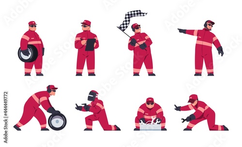 Racing engineers. Race car team. Pit stop workers in uniform. Driver and maintenance mechanics change automobile wheels and wave flag. Isolated auto technicians set. Vector repair service