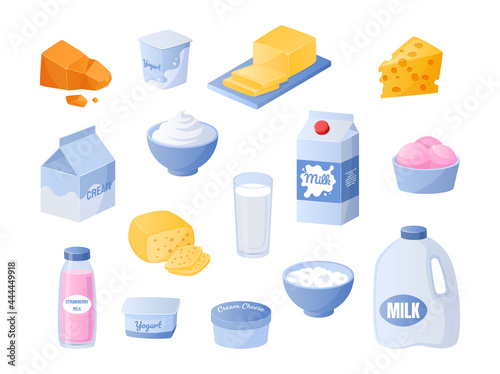 Milk. Cartoon dairy products. Yogurt and cream bottles. Cheese or butter pieces. Milky meal collection. Isolated curd bowl. Food packages or containers. Vector organic ingredients set