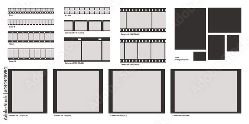Film photo frame. Negative photography strip. Vintage movie and video border template. Retro cinema filmstrip. Black and white blank camera roll tapes set. Vector cinematography reel