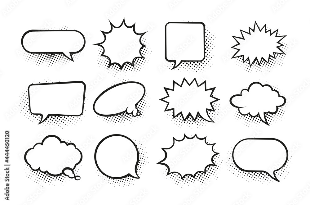 Comic speech bubble. Cartoon retro surprise dialog frames. Blank sketch  form for pow, splash and boom text effects. Isolated chat balloons  template. Vector black and white stickers set Stock Vector | Adobe