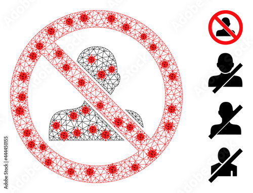 Polygonal stop man with lockdown style. Polygonal wireframe stop man image in lowpoly style with connected lines and red virus elements.