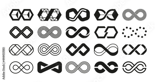 Loop logo. Infinity geometric shape for business emblem. Endless repetition and Mobius ribbon. Black and white eternity wave collection. Minimal tattoo. Vector limitless symbols set