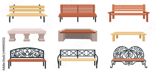 Bench. Cartoon wooden outdoor chair. Street and park municipal furniture. Wicker garden seat and stone couch. Urban public area landscape elements template. Vector town sitting set