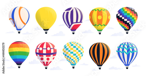 Cartoon air balloons. Hot airship with baskets and domes in sky. Summer journey and travel symbol. Flight of colorful striped aerostat. Isolated flying transport. Vector vehicle set