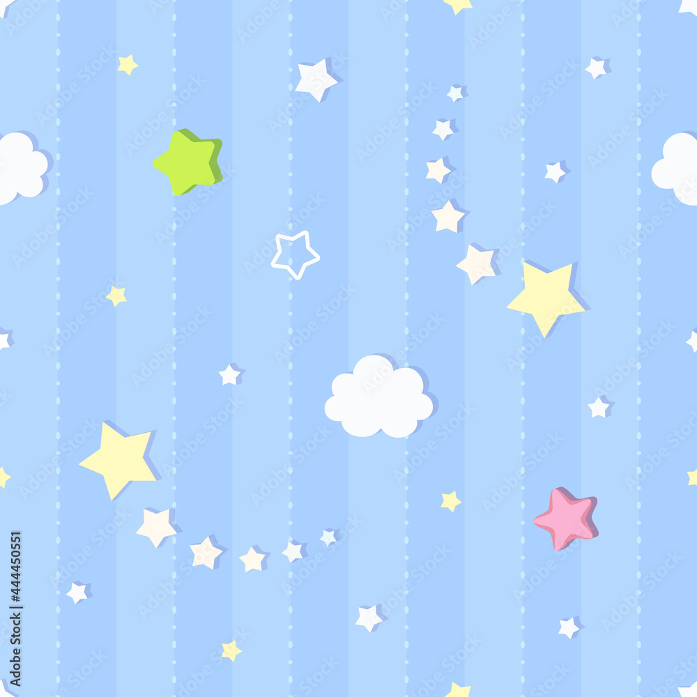 custom made wallpaper toronto digitalCute seamless striped and dotted pattern background with clouds and colorful falling stars. Children's bedroom, baby nursery decorative wallpaper. Vector Illustration.