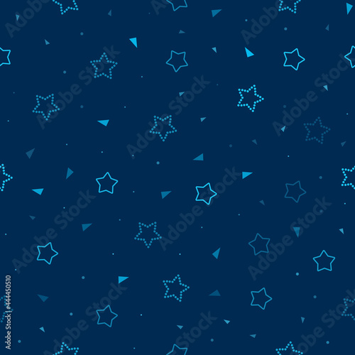 Seamless dark blue background with shining stars, dots, triangles in neon colors. Children's bedroom, kids nursery wallpaper. Minimal pattern for cloth, textile, fabric, wrapping. Vector Illustration.