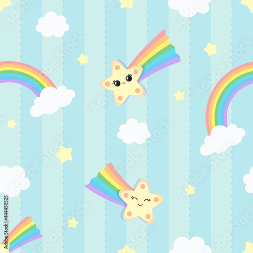 Wallpaper Mural Seamless striped and dotted pattern background with clouds and colorful falling stars with cute faces and rainbow. Children's bedroom, baby nursery decorative wallpaper. Vector Illustration. Torontodigital.ca