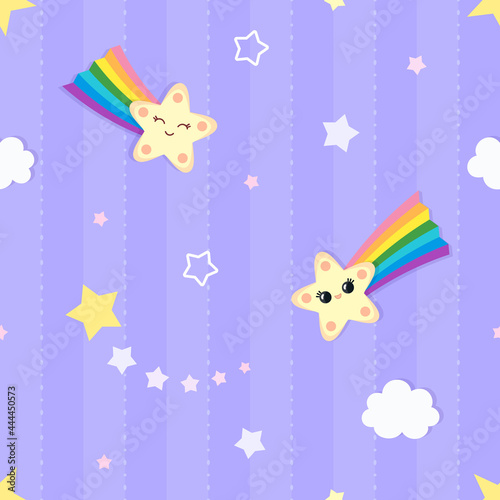 Wallpaper Mural Seamless striped and dotted pattern background with clouds and colorful falling stars with cute faces and rainbow. Children's bedroom, baby nursery decorative wallpaper. Vector Illustration. Torontodigital.ca