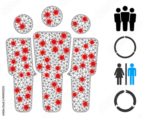 Net people with lockdown style. Polygonal wireframe people image in lowpoly style with combined linear items and red virus centers. Vector structure is created from people with virus items.