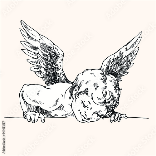 An angel looks out, an engraving.