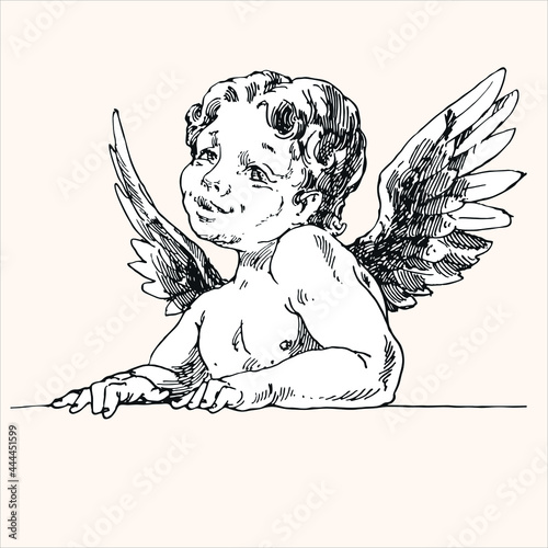 Cupid thought about it, an engraving.