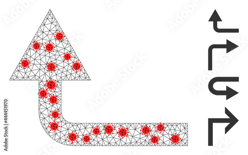 Polygonal turn forward in lockdown style. Polygonal wireframe turn forward image in low poly style with connected linear items and red infectious elements.