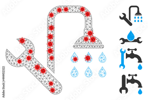 Network plumbing in lockdown style. Mesh carcass plumbing image in lowpoly style with organized linear items and red virus elements. Vector structure is created from plumbing with virus items.