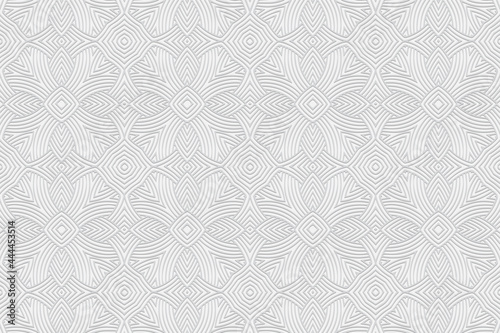 3D volumetric convex embossed geometric white background. Oriental pattern with repeating ethnic elements. Elegant ornament for design and decoration.