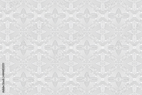 3D volumetric convex embossed geometric white background. Oriental pattern with repeating ethnic elements. Trendy ornament for design and decoration.