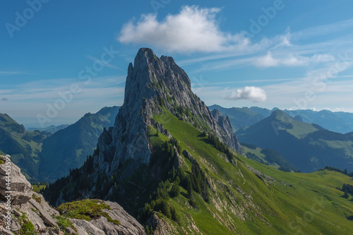Landscape view of Gastlosen mountain area, with clear skies in the background, shot in Jaun, Fribourg, Switzerland