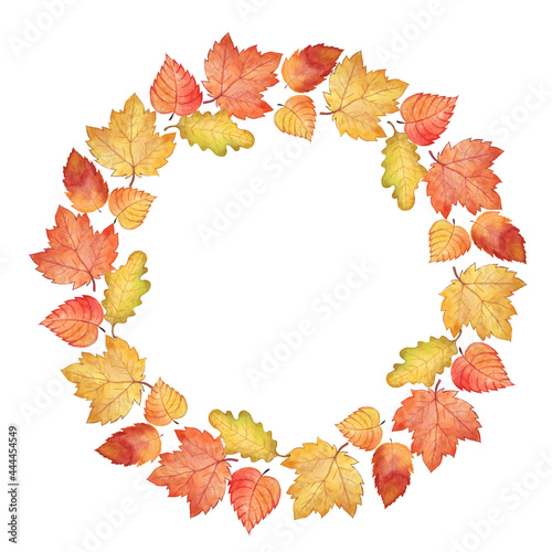 Watercolor illustration autumn wreath, yellow and red leaves, autumn, circle 