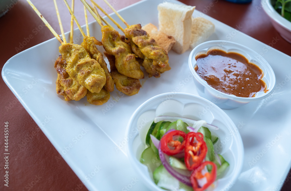 Pork Satay with peanut sauce grilled meat dish famous throughout Southeast-Asia.