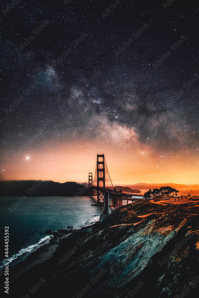 Starry night over a bridge.