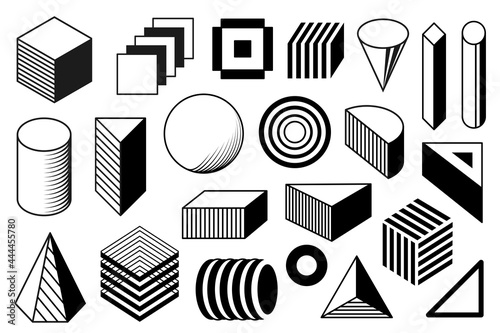 Black and white geometrick shapes. Memphis vector design elements spheres, cubes, shapes.