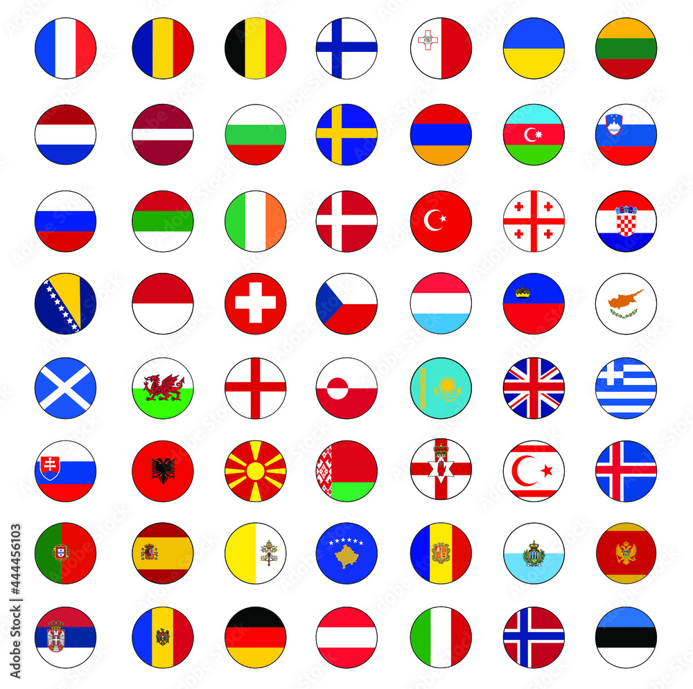Full Europe Flag Circle Vector Set - 56 country and territory push button vector set Full Europe Flag Circle Vector Set - 56 country and territory push button vector set