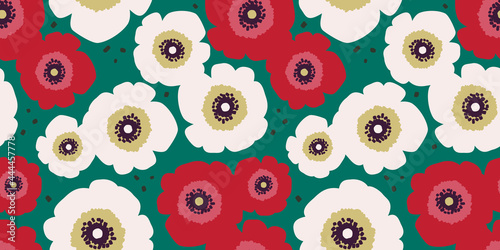 Stylish seamless patterns with stylized white and red flowers on the green background. Vector floral background with beige and burgundy anemone flowers. Floral pattern for fabric, wallpapers, etc.
