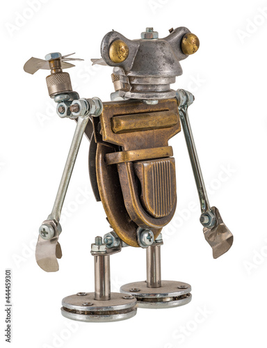 Steampunk robot. Chrome and bronze parts. Isolated on white.