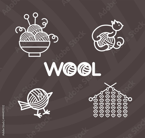 Set of vector logos for knitting. Handmade emblems. Vector illustration with knitting. Wool lettering in balls of yarn.