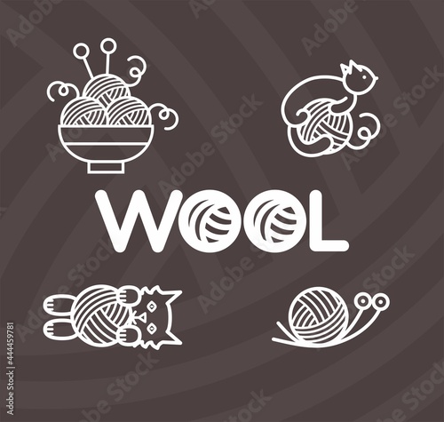 Set of vector badges for handmade. Set of vector logos for knitting. Different emblems with yarn. Logo with yarn and animals. Handmade illustration.
